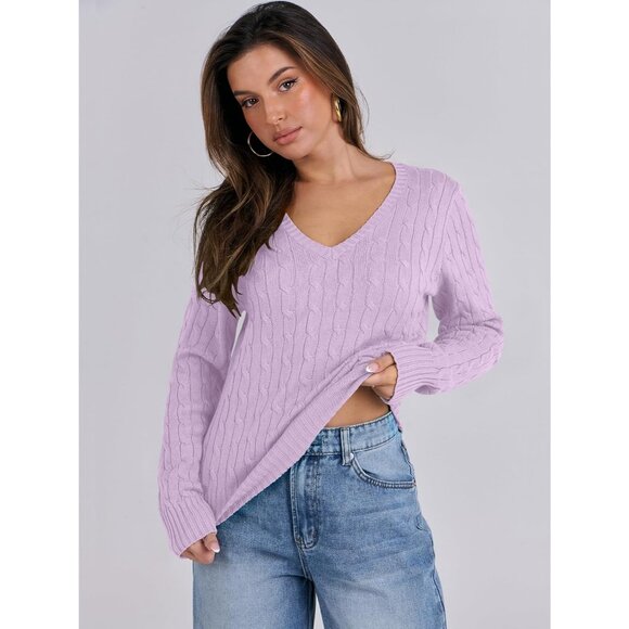 Womens Light Purple Pull On Cable Knit Long Sleeve V Neck Fitted Casual Sweater - Picture 4 of 6